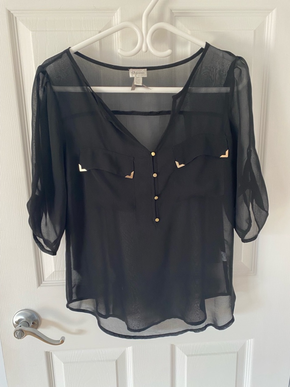 Dynamite Black Sheer Blouse with Gold Trim